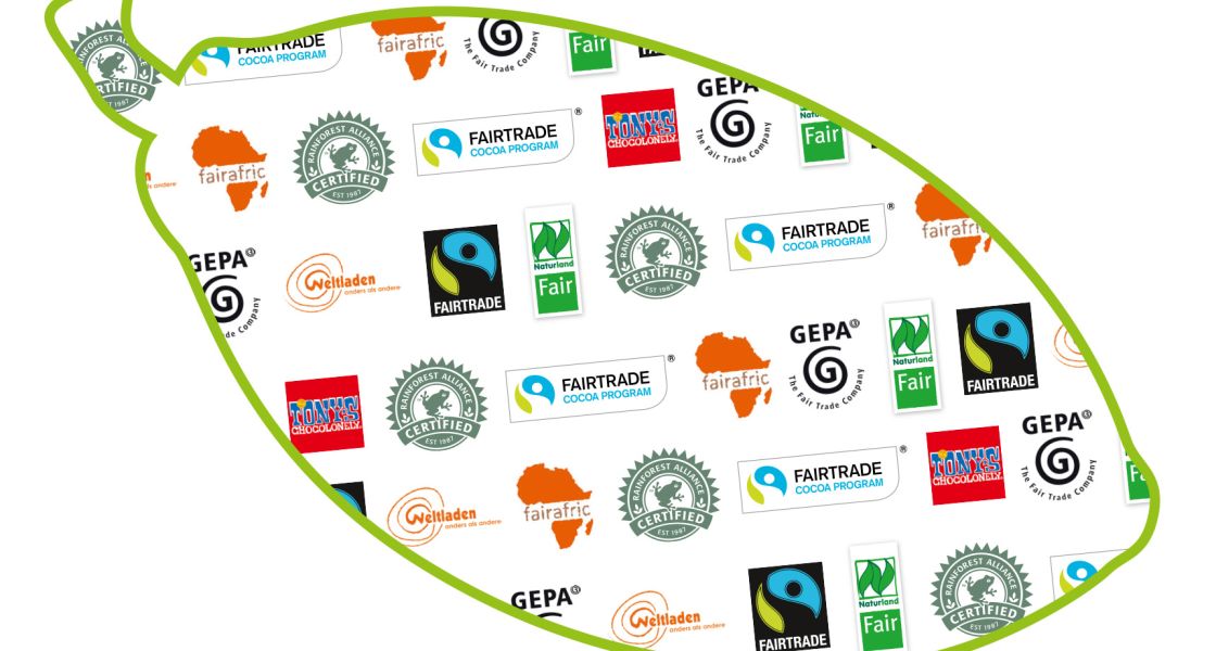 Eine Grafik in Form einer Kakaobohne. In den Umrissen der Kakaobohne sind verschiedene Siegel abgebildet