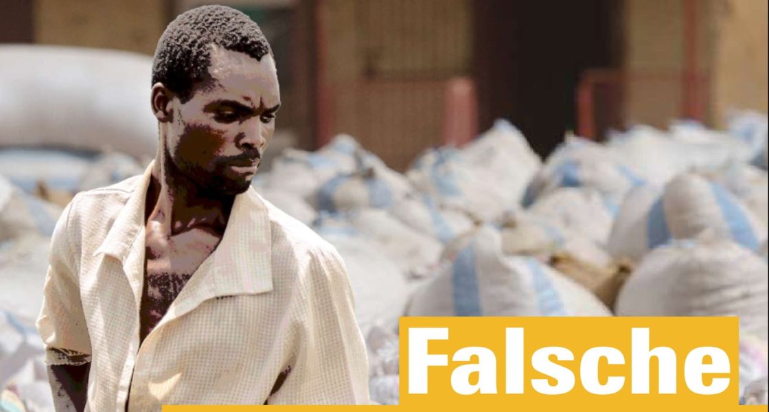 Collage mit einem Mann vor großen weißen Säcken und eine große Überschrift im Vordergrund mit den Worten "Falsche Versprechen"