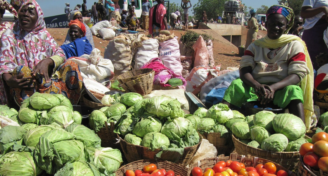 Zwei Frauen sitzen neben mehreren Körben mit Gemüse 