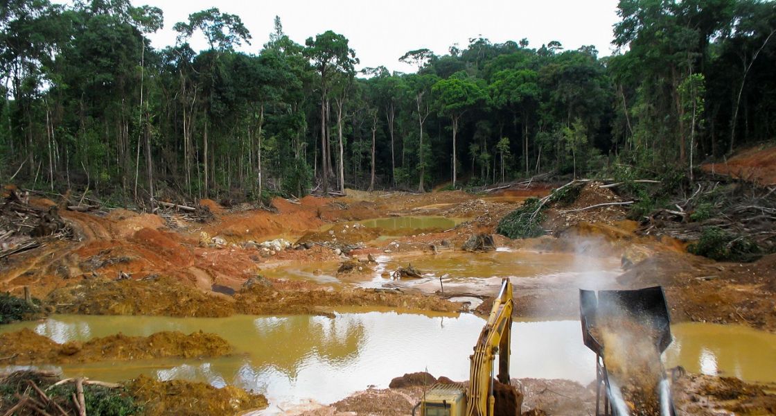 Ein Bagger und eine Maschine stehen an einem Tümpel mitten in einer entholzten Fläche im Tropenwald