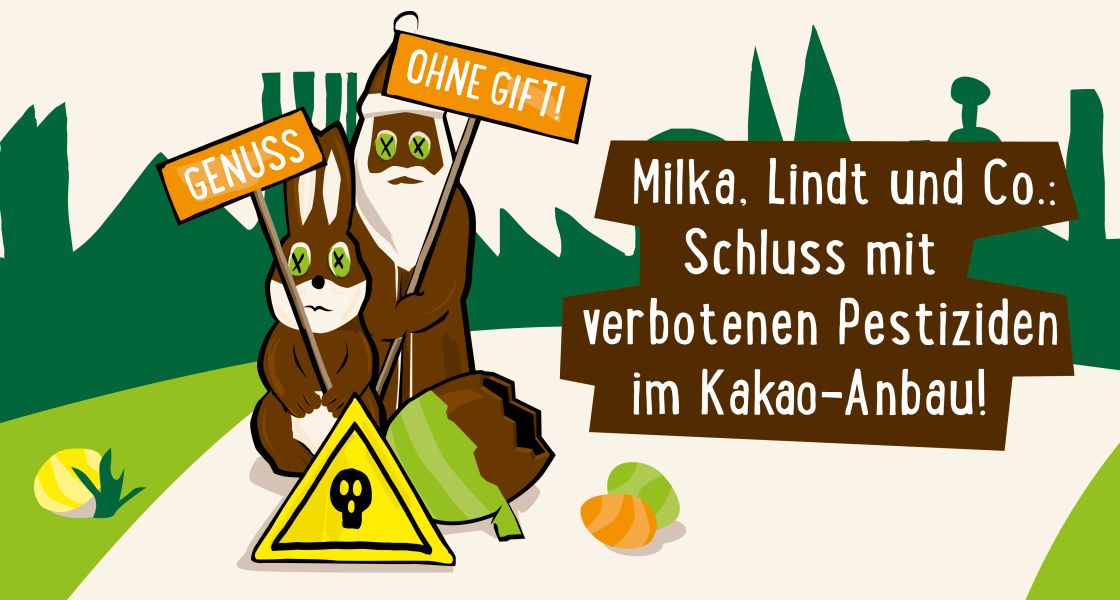 Eine Grafik, in der zwei Schokohasen jeweils ein Protestschild in die Höhe halten