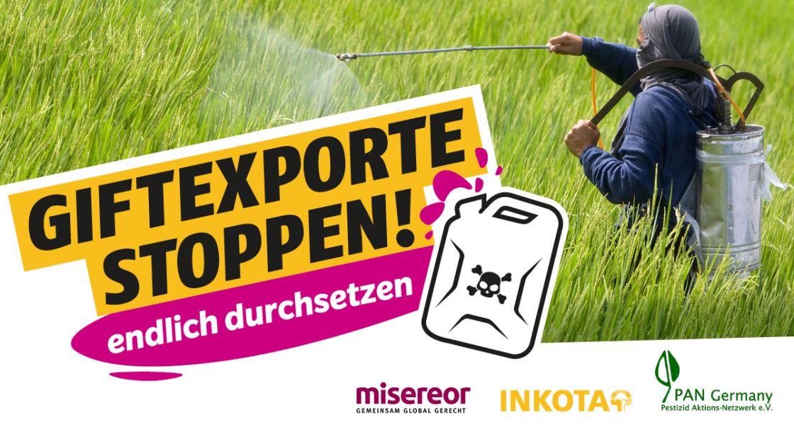 Eine Collage aus einem Mann, der Pestizide auf ein Feld spritzt, und einem Protestslogan im Vordergrund.