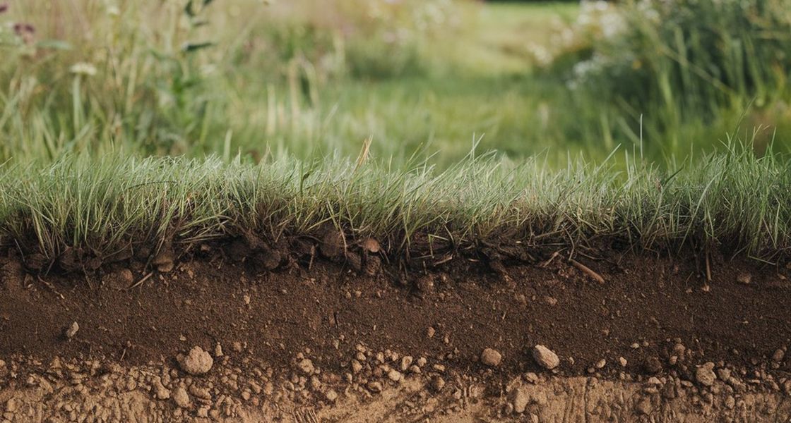 Eine Wiese wird im Anschnitt gezeigt, so dass man die Humusschicht darunter sieht