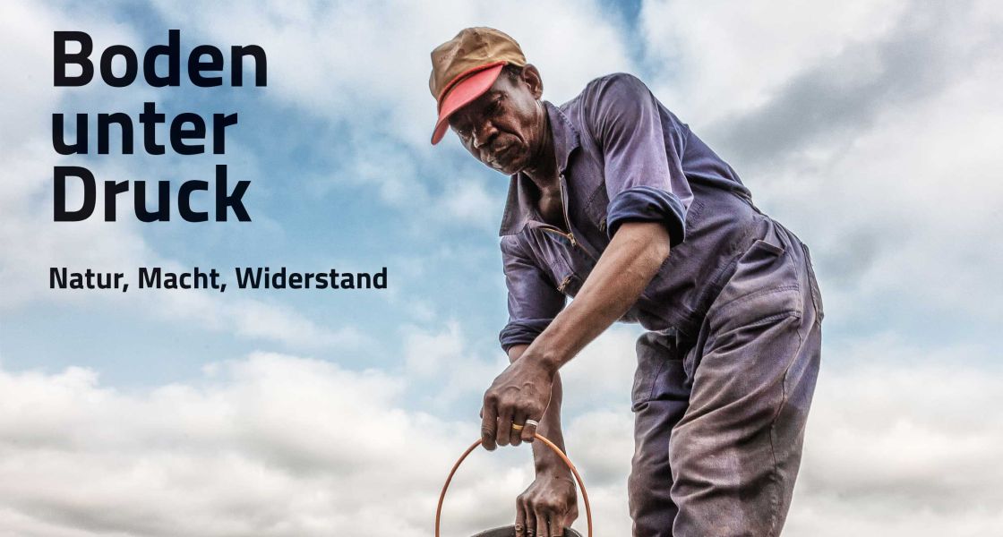 Ein Mann gießt Wasser auf eine Pflanze auf einem Feld mit der Eimer