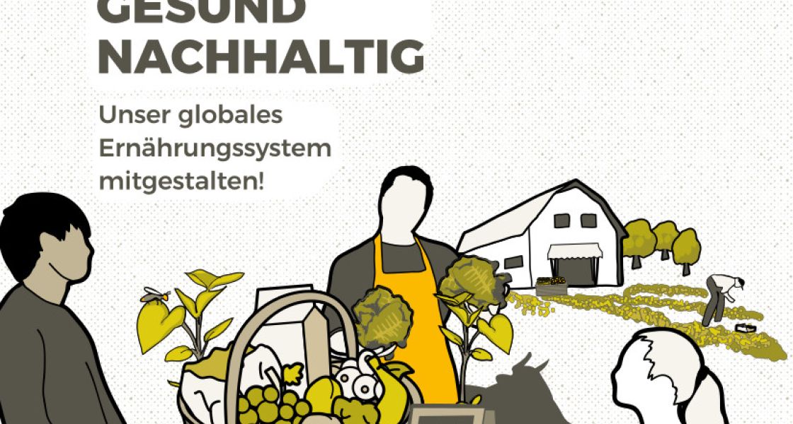 Eine Illustration mit Scheune, Gärtner und Gemüse