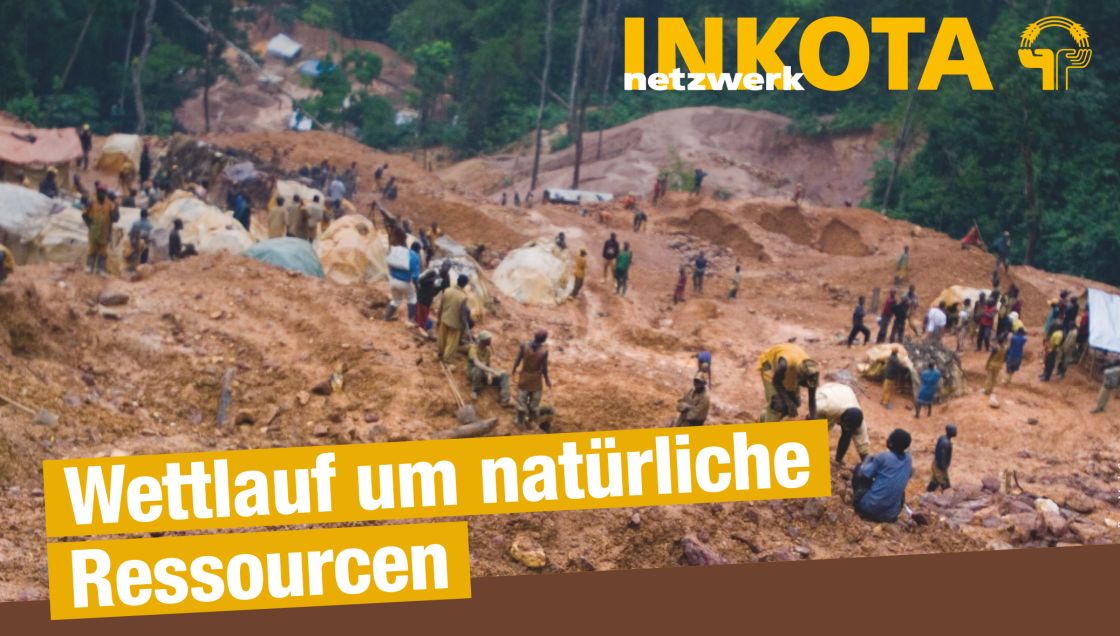 Eine Collage: ein offenes Bergbaugebiet mit zahlreichen Löchern, Schlamm, Menschen und Zelten in Afrika