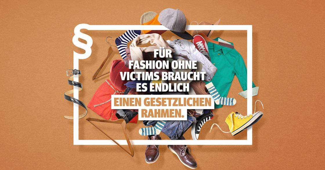 Grafik: ein hellbrauner Hintergrund und ein weißer Rahmen mit einer Aufforderung zum Lieferkettengesetz