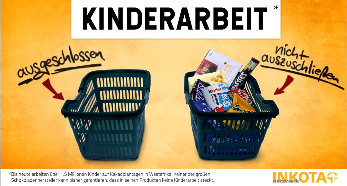 Grafik mit zwei Einkaufskörben. Einer ist leer, der andere vollgepackt mit Schokoladenartikel
