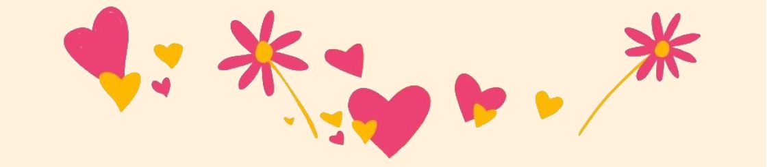 Illustration: pinkfarbene und gelbe Herzen und Blümchen vor einem beigefarbenen Hintergrund