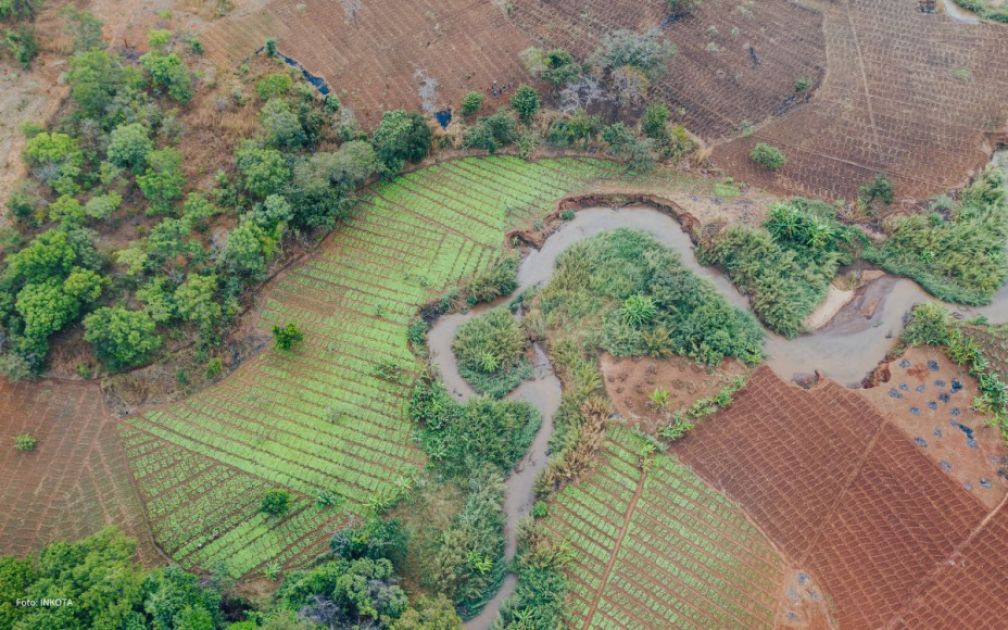 Seitenarm einen Flusses schlängelt sich durch Felder 