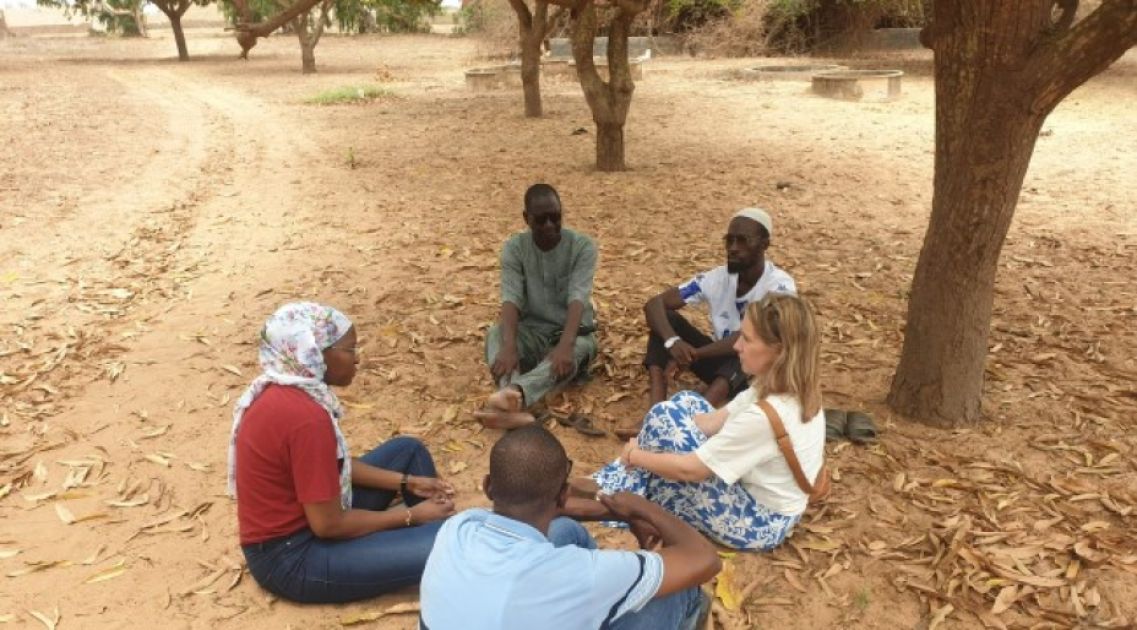 Fünf Personen sitzen unter Bäumen auf trockenem Bode