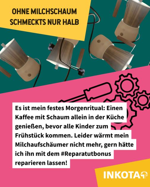 Es ist mein festes Morgenritual: Einen Kaffee mit Schaum allein in der Küche genießen, bevor alle Kinder zum Frühstück kommen. Leider wärmt mein Milchaufschäumer nicht mehr, gern hätte ich ihn mit dem #Reparatutbonus reparieren lassen!