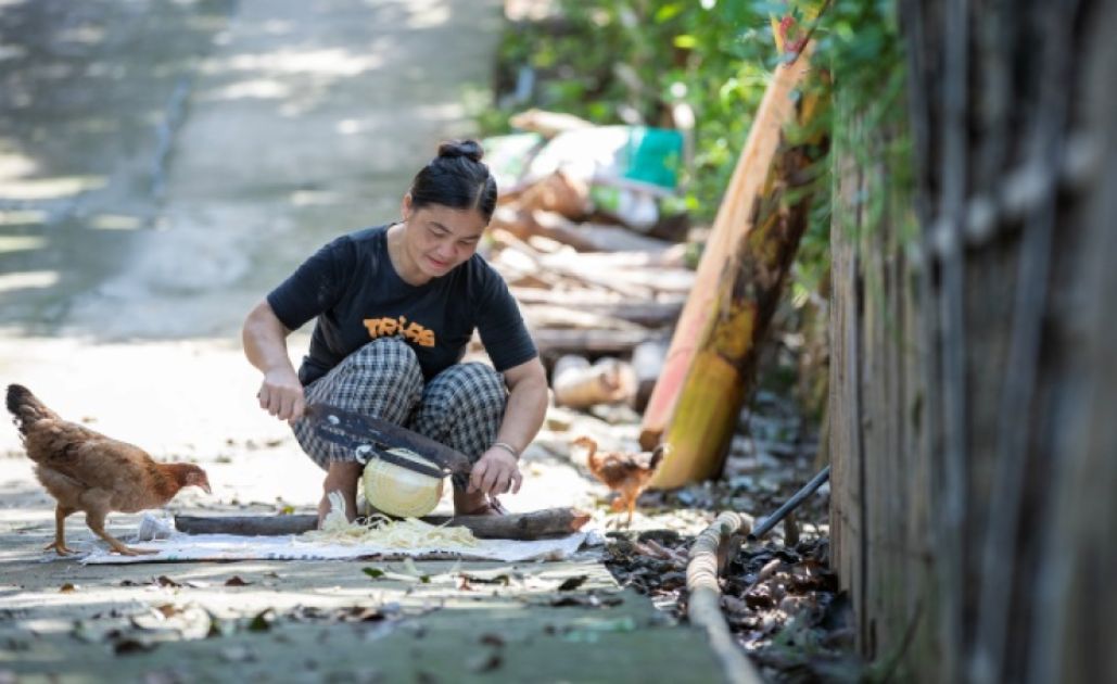 Eine Frau raspelt den Stamm einer Bananenstaude auf der Straße, daneben ein Huhn
