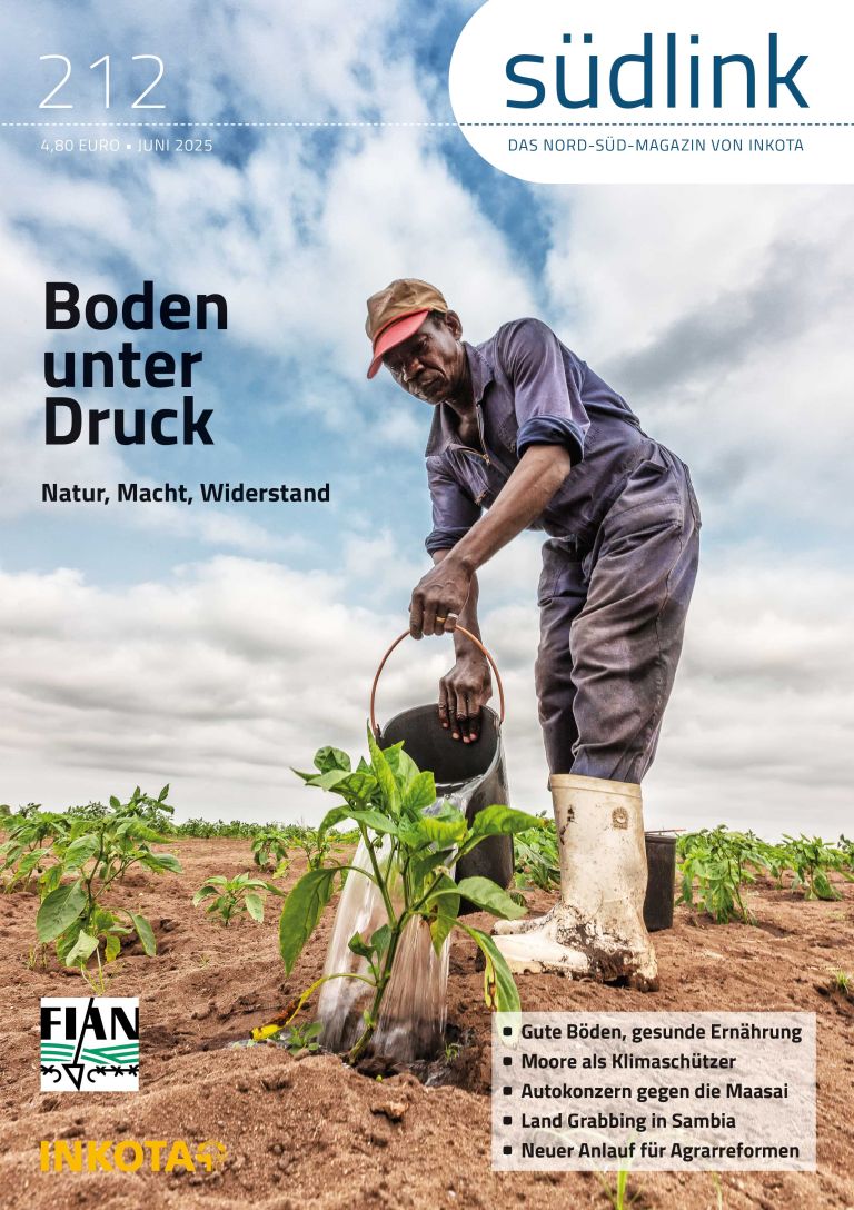 Ein Mann gießt Wasser auf eine Pflanze auf einem Feld mit der Eimer