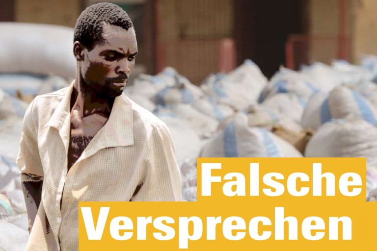 Collage mit einem Mann vor großen weißen Säcken und eine große Überschrift im Vordergrund mit den Worten "Falsche Versprechen"