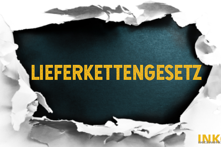 eine Grafik: eine Stelle, an der das Papier aufgebrochen ist und ein dunkler Ball zu sehen ist auf dem das Wort Lieferkettengesetz steht.