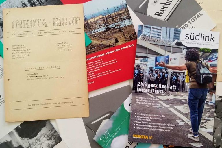 Collage aktueller und älterer Südlinks/INKOTA-Briefe