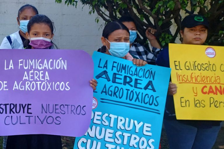 Sechs Frauen jeweils mit Mundschutz halten farbige Protestplakate hoch.