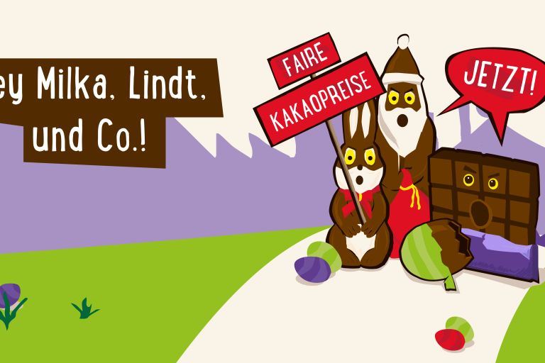 Illustration: Schokohase hält ein Protestschild in die Höhe