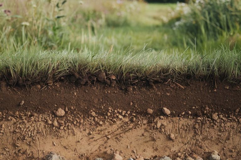 Eine Wiese wird im Anschnitt gezeigt, so dass man die Humusschicht darunter sieht