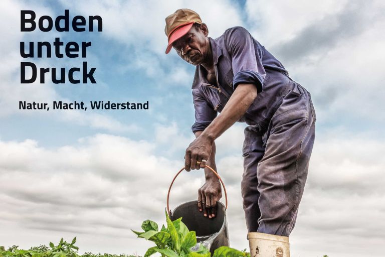 Ein Mann gießt Wasser auf eine Pflanze auf einem Feld mit der Eimer