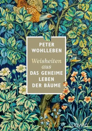 Buchcover mit gezeichnetem Baum, Vogel und Blumen